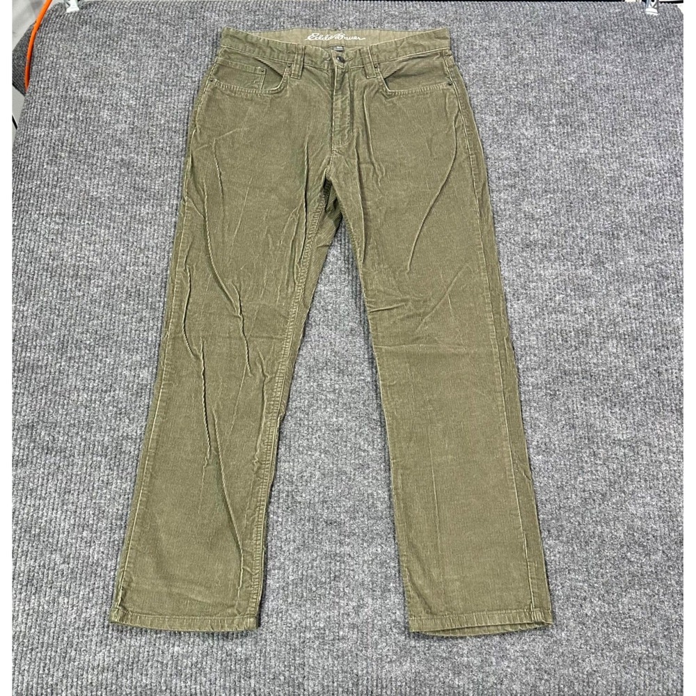 Eddie Bauer Straight Corduroy Pants Men 33x30 Olive Green Cotton Casual 5-Pocket